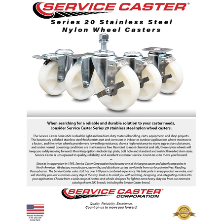 Service Caster 5 Inch SS Nylon Wheel Swivel 3/8 Inch Threaded Stem Caster Set Total Lock Brake SCC-SSTSTTL20S514-NYS-381615-4